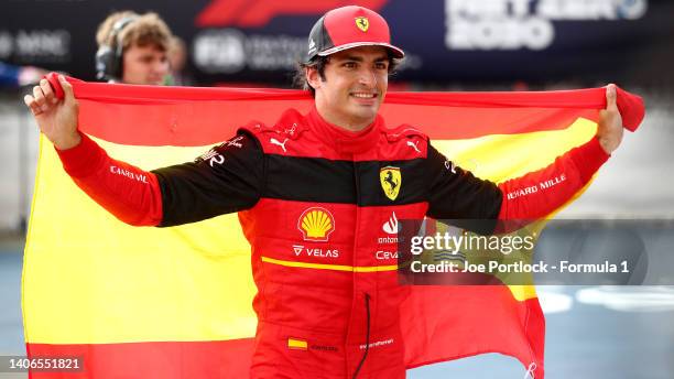 Race winner Carlos Sainz of Spain and Ferrari celebrates in parc ferme during the F1 Grand Prix of Great Britain at Silverstone on July 03, 2022 in...