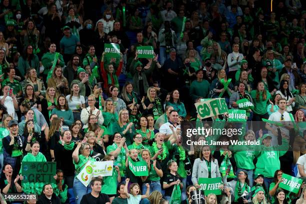 West Coast Fever fans show their supp during the Super Netball Grand Final match between West Coast Fever and Melbourne Vixens at RAC Arena, on July...