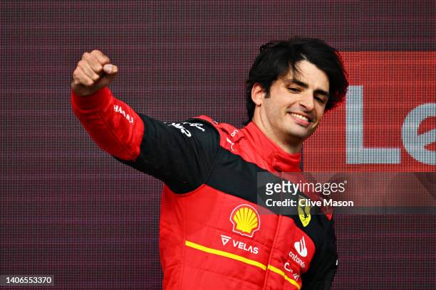 Race winner Carlos Sainz of Spain and Ferrari celebrates on the podium during the F1 Grand Prix of Great Britain at Silverstone on July 03, 2022 in...