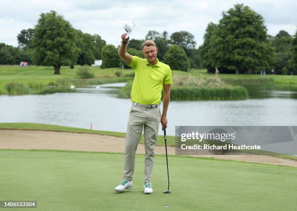 Adrian Meronk of Poland celebrates victory on the 18th green during Day Four of the Horizon Irish Open at Mount Juliet Estate on July 03, 2022 in...