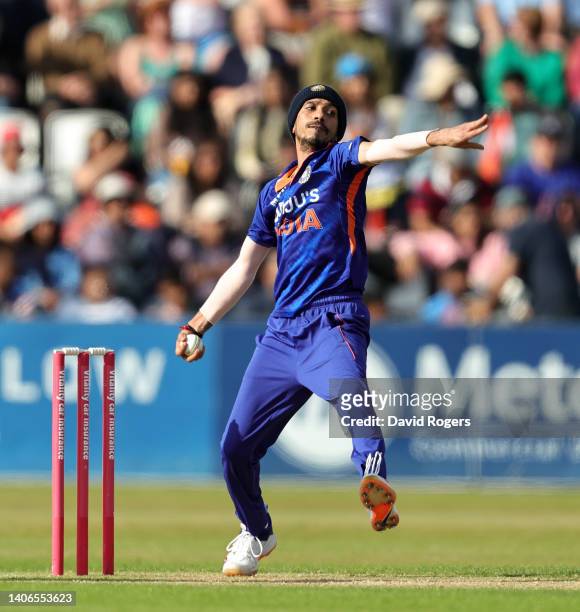Yuzvendra Chahal of India bowlsduring the T20 Tour match between Northamptonshire and India at The County Ground on July 03, 2022 in Northampton,...