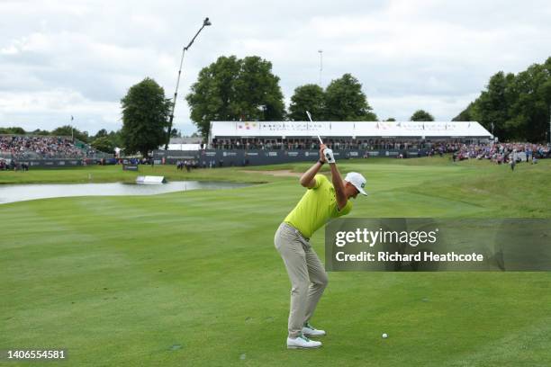 Adrian Meronk of Poland plays into the 18th green during Day Four of the Horizon Irish Open at Mount Juliet Estate on July 03, 2022 in Thomastown,...