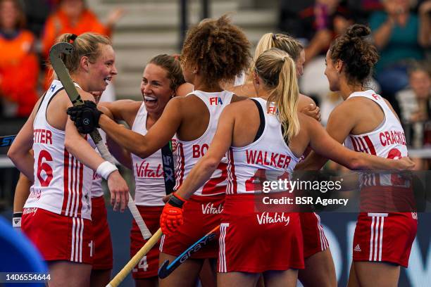 Isabelle Petter of England celebrating scoring her first goal during the FIH Hockey Women's World Cup 2022 match between England and India at the...