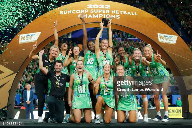 West Coast Fever players Celebrate the win during the Super Netball Grand Final match between West Coast Fever and Melbourne Vixens at RAC Arena, on...