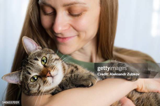 a woman or a girl holds a cat in her arms and hugs her. the concept of loving and caring for pets, adopting them. the owner hugs an adult cat. the kitten looks at the camera. - pet owner cat stock pictures, royalty-free photos & images