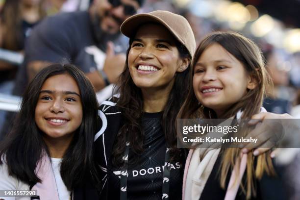 Angel City FC Investor America Ferrera poses for a picture with fans prior to the game against the Portland Thorns at Banc of California Stadium on...