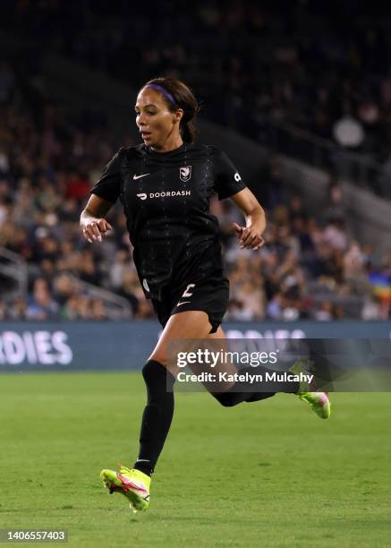 Sydney Leroux of Angel City FC runs on the field against the Portland Thorns during the second half at Banc of California Stadium on July 01, 2022 in...