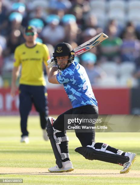 Tom Haines of Sussex Sharks bats during the Vitality T20 Blast match between Sussex Sharks and Hampshire Hawks at The 1st Central County Ground on...