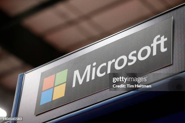 General view of the Microsoft logo during warm ups prior to the game between the 3 Headed Monsters and 3's Company during BIG3 Week Three at Comerica...