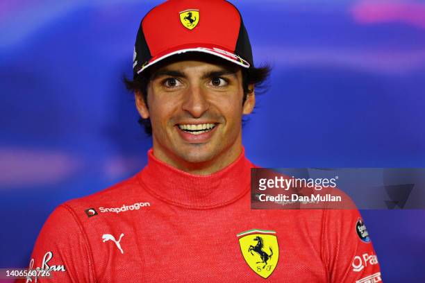 Race winner Carlos Sainz of Spain and Ferrari talks in the drivers press conference following the F1 Grand Prix of Great Britain at Silverstone on...