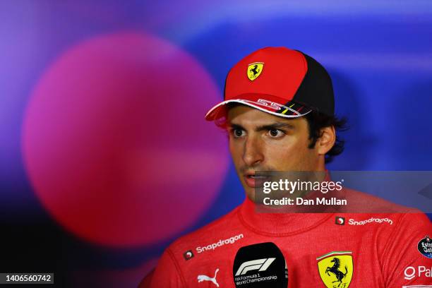 Race winner Carlos Sainz of Spain and Ferrari talks in the drivers press conference following the F1 Grand Prix of Great Britain at Silverstone on...