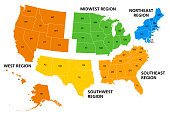 United States of America, geographic regions, colored political map