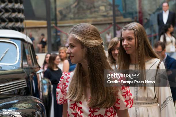 Princess Leonor and Infanta Sofia wave upon arrival at the Dali theater museum in Figueres, July 3 in Figueres, Girona, Catalonia, Spain. Princess...