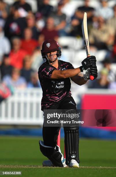 Will Smeed of Somerset plays a shot during the Vitality T20 Blast match between Somerset and Surrey at The Cooper Associates County Ground on July...