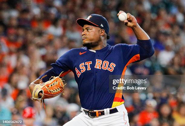 Framber Valdez of the Houston Astros pitches in the first inning against the Los Angeles Angels at Minute Maid Park on July 03, 2022 in Houston,...