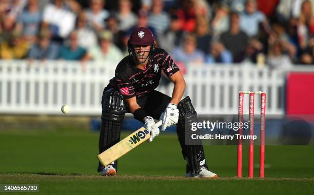 Tom Lammonby of Somerset plays a shot during the Vitality T20 Blast match between Somerset and Surrey at The Cooper Associates County Ground on July...