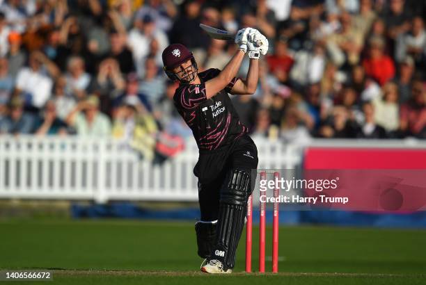 Ben Green of Somerset plays a shot during the Vitality T20 Blast match between Somerset and Surrey at The Cooper Associates County Ground on July 03,...