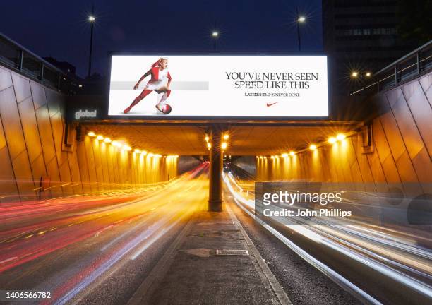 In this image released on July 3, Nike celebrate the footballing brilliance of Lauren Hemp by lighting up London landmarks ahead of the European...