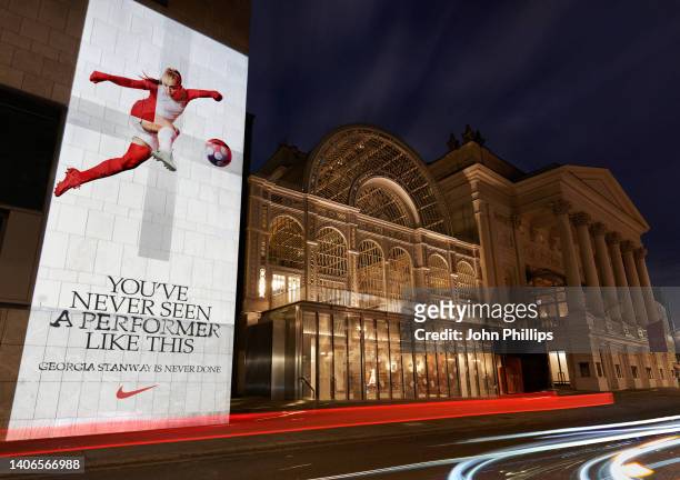 In this image released on July 3, Nike celebrate the footballing brilliance of Georgia Stanway by lighting up London landmark the Royal Opera House...