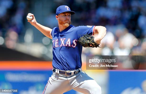 Jon Gray of the Texas Rangers pitches during the second inning against the New York Mets at Citi Field on July 03, 2022 in the Queens borough of New...