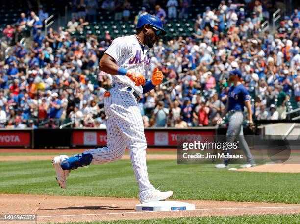 Starling Marte of the New York Mets runs the bases after his first inning home run against Jon Gray of the Texas Rangers at Citi Field on July 03,...