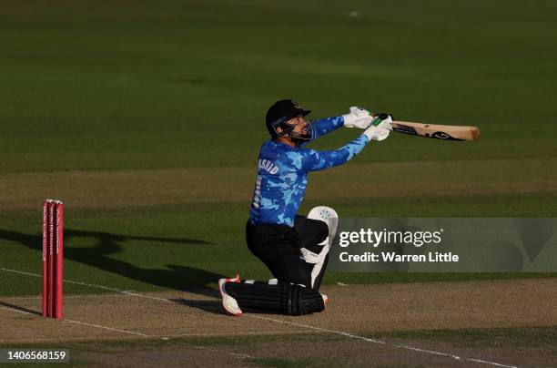 Rashid Khan of Sussex Sharks bats during the Vitality T20 Blast match between Sussex Sharks and Hampshire Hawks at The 1st Central County Ground on...