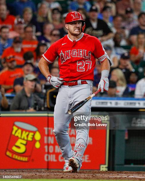 Mike Trout of the Los Angeles Angels is called out on strikes in the third inning against the Houston Astros at Minute Maid Park on July 03, 2022 in...