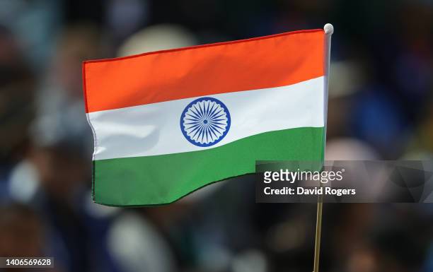 An India flag during the T20 Tour match between Northamptonshire and India at The County Ground on July 03, 2022 in Northampton, England.