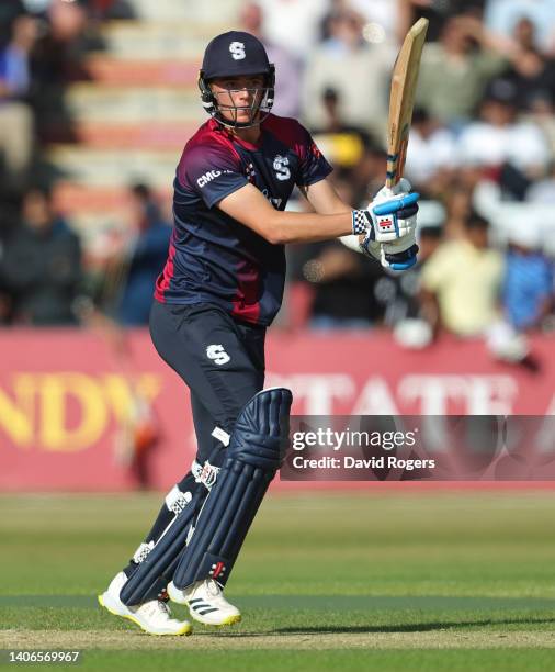James Sales of Northamptonshire plays the ball during the T20 Tour match between Northamptonshire and India at The County Ground on July 03, 2022 in...