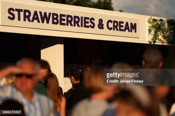General view of Strawberries and Cream vendors on day seven of The Championships Wimbledon 2022 at All England Lawn Tennis and Croquet Club on July...