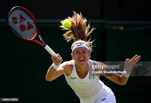 Marie Bouzkova of Czech Republic plays a forehand against Caroline Garcia of France during their Women's Singles Fourth Round match on day seven of...