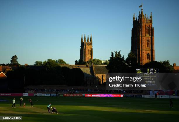 General view of play during the Vitality T20 Blast match between Somerset and Surrey at The Cooper Associates County Ground on July 03, 2022 in...