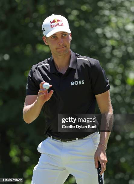 Matthias Schwab of Austria reacts to his putt on from the fifth green during the final round of the John Deere Classic at TPC Deere Run on July 03,...