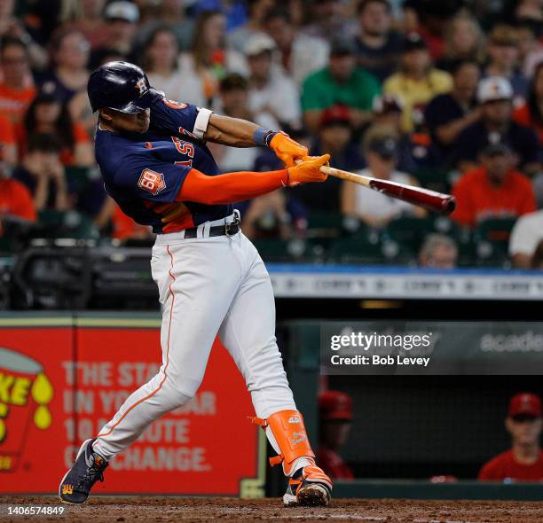 Jeremy Pena of the Houston Astros hits a solo home run in the fourth inning against the Los Angeles Angels at Minute Maid Park on July 03, 2022 in...