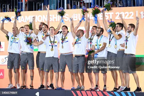 Team Spain poses on the podium after winning the gold medal in Men's Water Polo on day 14 of the Budapest 2022 FINA World Championships at Alfred...