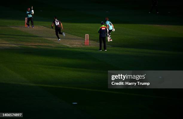 Chris Jordan of Surrey plays a shot during the Vitality T20 Blast match between Somerset and Surrey at The Cooper Associates County Ground on July...