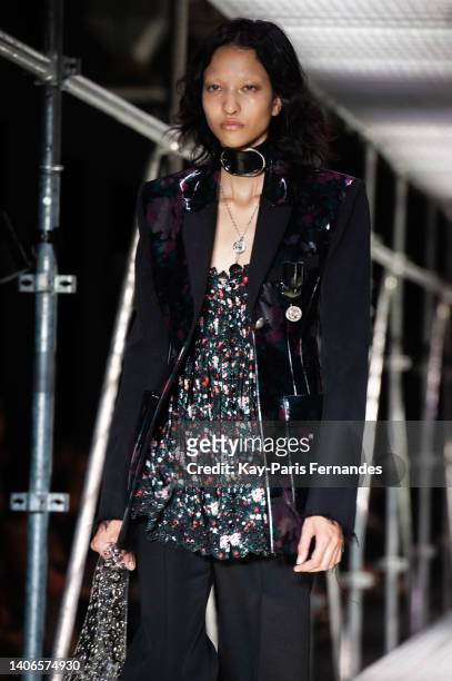 Model walks the runway during the Paco Rabanne Spring Summer 2023 show as part of Paris Fashion Week at Palais De Tokyo on July 03, 2022 in Paris,...