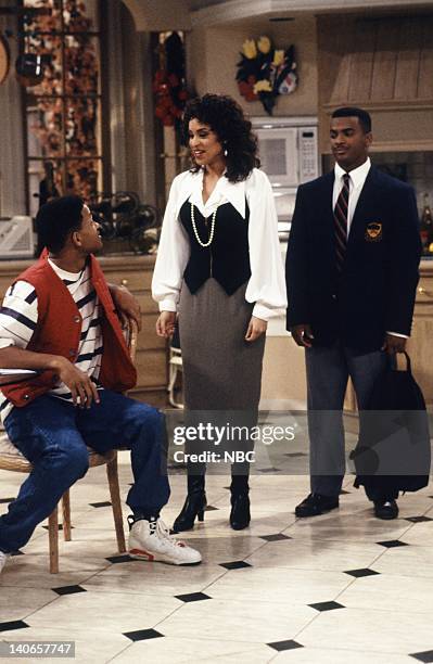 Six Degrees of Graduation" Episode 24 -- Pictured: Will Smith as William 'Will' Smith, Karyn Parsons as Hilary Banks, Alfonso Ribeiro as Carlton...