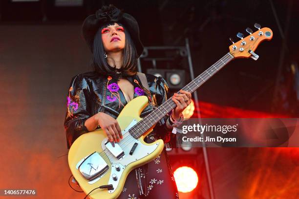 Laura Lee of Khruangbin performs on the Park stage during day three of Glastonbury Festival at Worthy Farm, Pilton on June 24, 2022 in Glastonbury,...