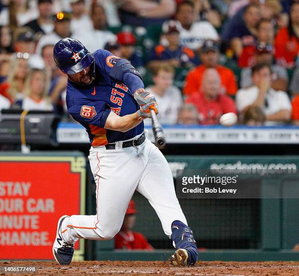 Chas McCormick of the Houston Astros singles in the fifth inning against the Los Angeles Angels at Minute Maid Park on July 03, 2022 in Houston,...