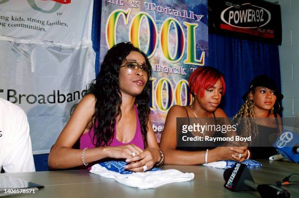 Singers Michelle Williams , Kelly Rowland and Beyoncé Knowles of Destiny's Child speaks to the press at the South Side YMCA prior to meeting and...