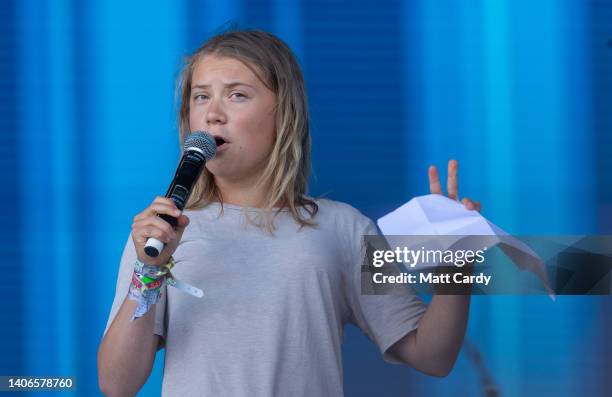 Greta Thunberg speaks to the crowd from the main Pyramid Stage at the 2022 Glastonbury Festival during day four of the Glastonbury Festival at Worthy...