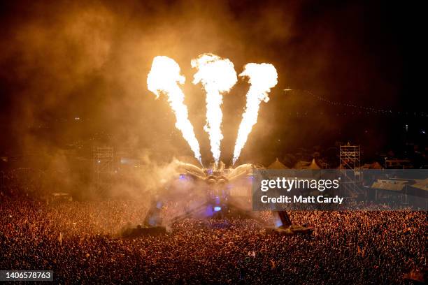 People dance below the Arcadia Spider at the 2022 Glastonbury Festival during day four of the Glastonbury Festival at Worthy Farm, Pilton on June 25,...