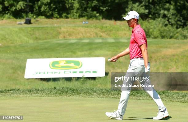 Maverick McNealy of the United States walks on the 16th hole during the final round of the John Deere Classic at TPC Deere Run on July 03, 2022 in...