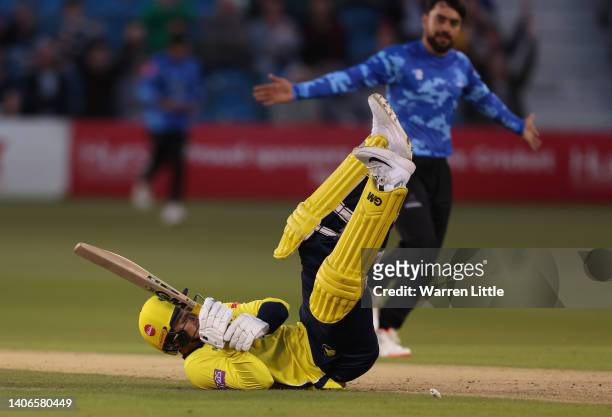 Toby Albert of Hampshire Hawks is bowled by Rashid Khan of Sussex Sharks during the Vitality T20 Blast match between Sussex Sharks and Hampshire...