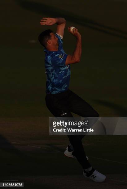 Steven Finn of Sussex Sharks bowls during the Vitality T20 Blast match between Sussex Sharks and Hampshire Hawks at The 1st Central County Ground on...