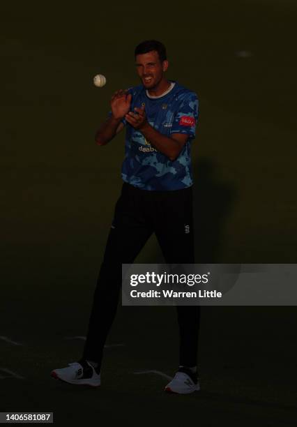 Steven Finn of Sussex Sharks bowls during the Vitality T20 Blast match between Sussex Sharks and Hampshire Hawks at The 1st Central County Ground on...