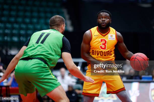 Will Bynum of Bivouac looks to pass the ball against Dusan Bulut of the Aliens during the game in BIG3 Week Three at Comerica Center on July 03, 2022...