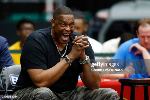 Head coach Rick Mahorn of the Aliens reacts to a play during the game against Bivouac in BIG3 Week Three at Comerica Center on July 03, 2022 in...