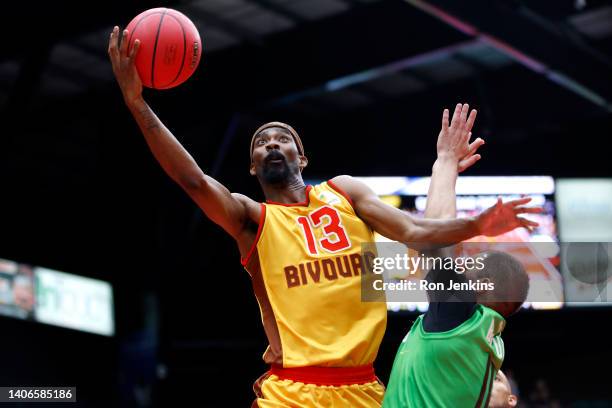 Corey Brewer of Bivouac drives to the basket against Dusan Bulut of the Aliens during the game in BIG3 Week Three at Comerica Center on July 03, 2022...